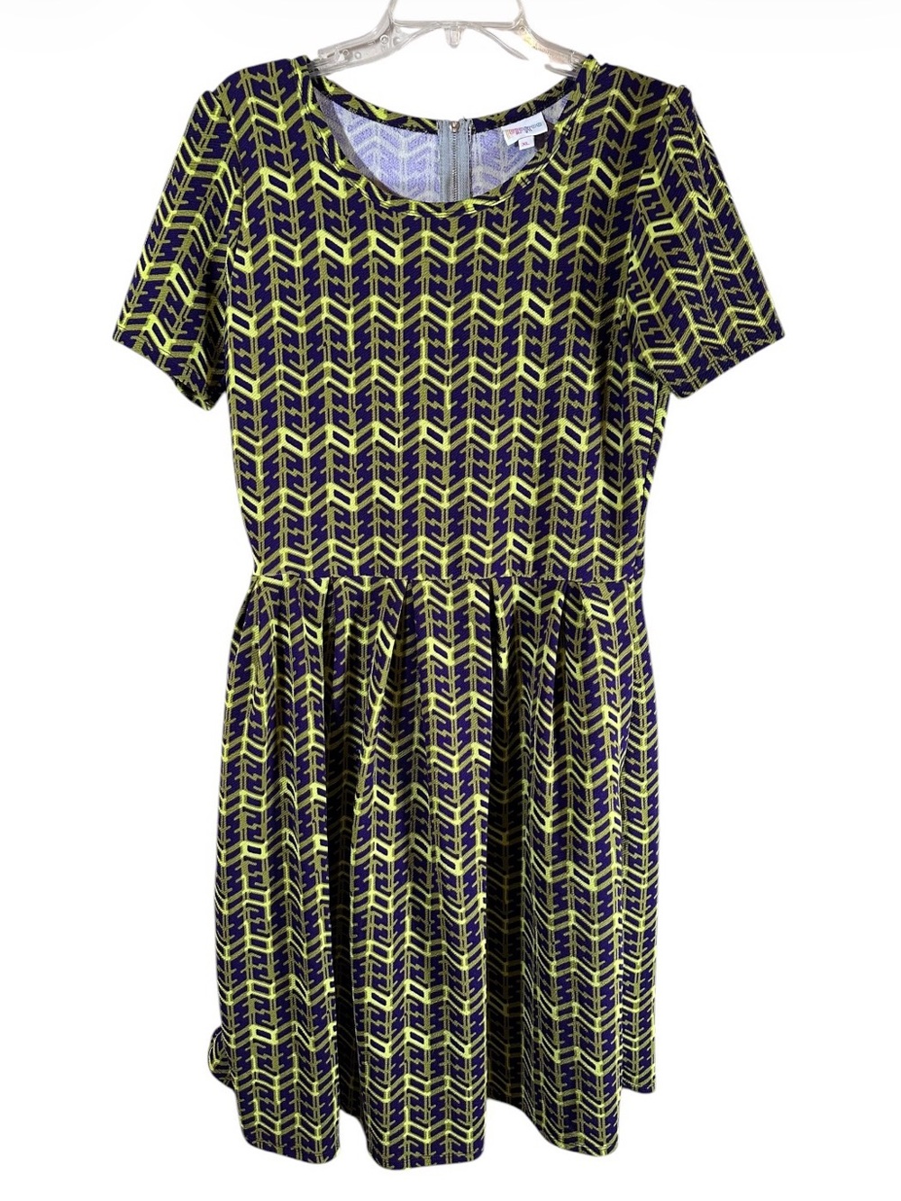 LulaRoe Purple Green Mod Herringbone Amelia Fit Flare Pleated Dress women’s XL